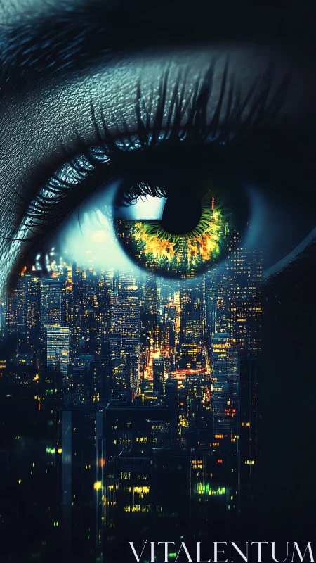 Glistening city lights burn within a reflective cybernetic eye