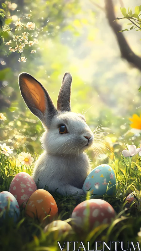 Gentle spring bunny rests among glowing Easter eggs in bloom