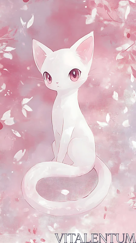 Pale long-tailed anime cat in diffuse sakura particle field.