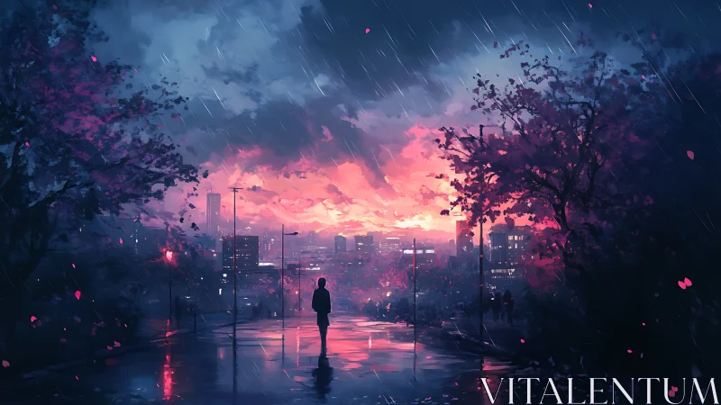 Solitary figure watching neon sunset over rain-soaked city.