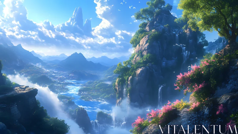 Digital landscape render depicts river valley with cliffs and clouds