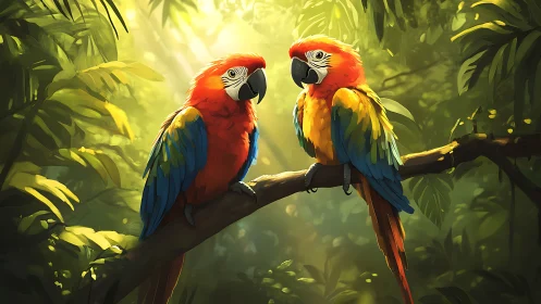 Vibrant Macaws on Jungle Branch, Digital Art Illustration.