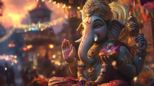 Luminous Ganesha blessing a festival street in golden dusk.