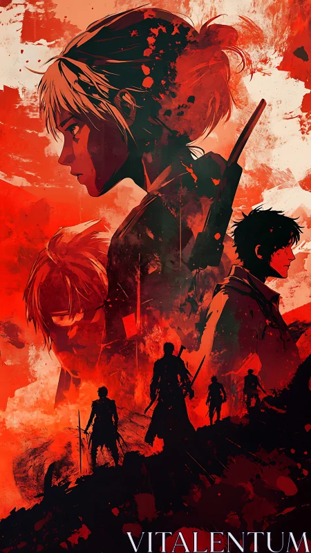 Layered red-toned anime warriors are arranged in composite.