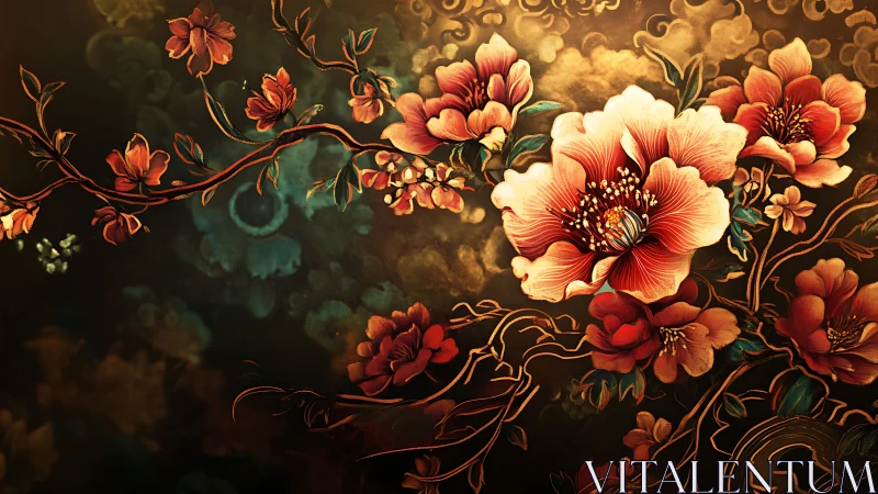 Baroque-inspired floral digital painting with golden highlights.