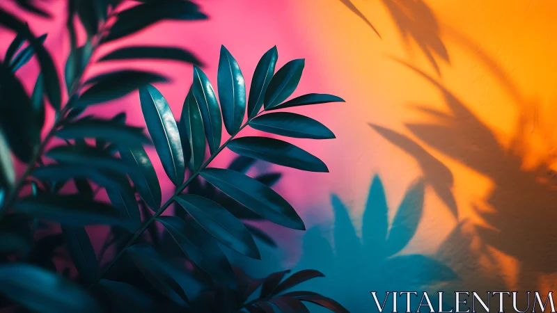 Chromatic gradient lighting on tropical frond silhouettes.