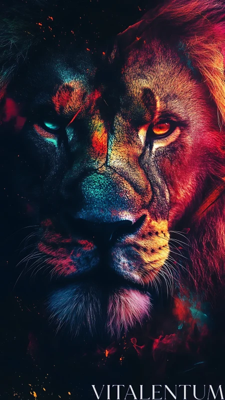 Vivid neon lion portrait with intense dual colored eyes.