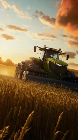 Golden hour tractor glides through sunlit wheat fields