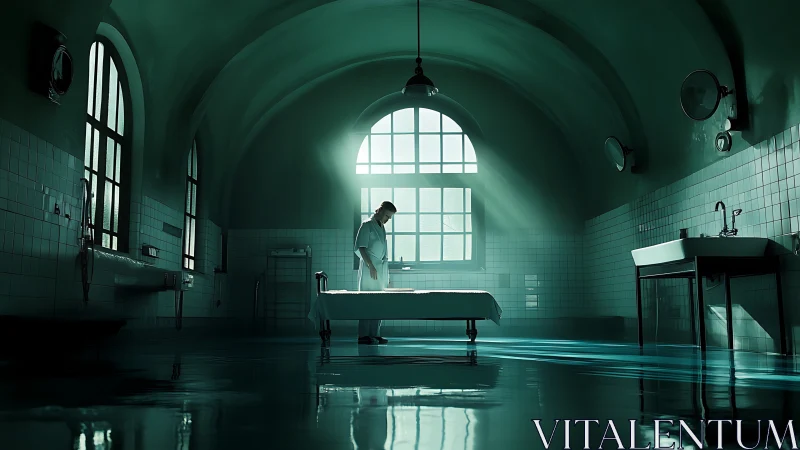 Solitary medic in a flooded, sunlit hospital hall.