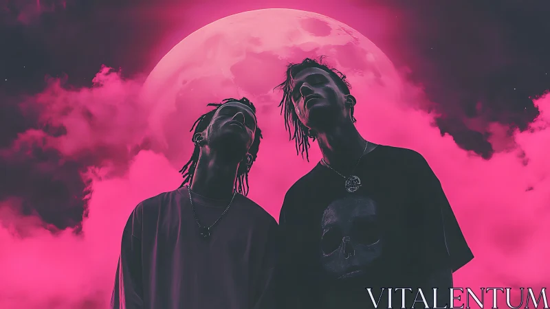 Neon moon silhouettes with dark streetwear under pink sky.