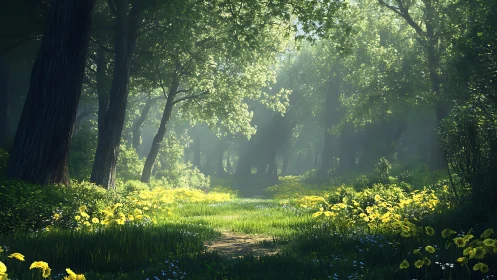 Luminescent Forest Canopy: Volumetric Light Through Ancient Deciduous Trees. Forest Landscape.