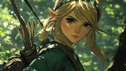 Elven archer portrait in sunlit forest with dynamic lighting.