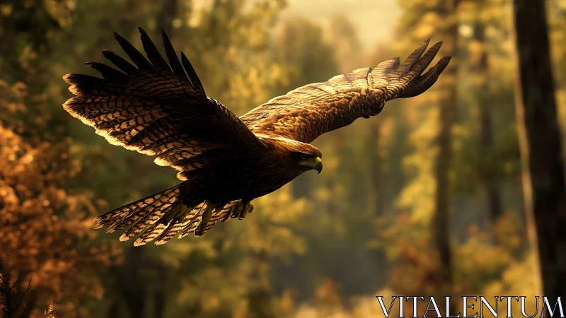 Majestic eagle soaring over autumn forest in golden sunlight, photorealistic.
