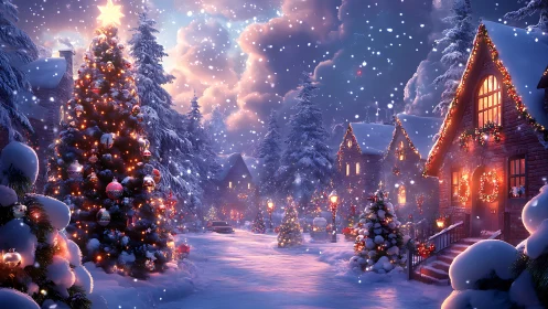 Snowy village street with lit Christmas trees at dusk.
