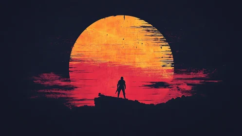 Lone figure stands before distressed red sun horizon