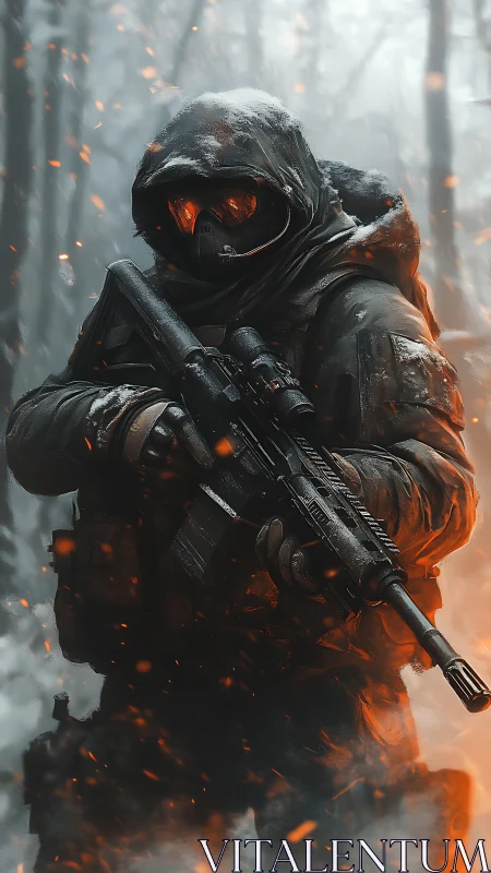 Armored soldier in snowy forest with rifle and embers.