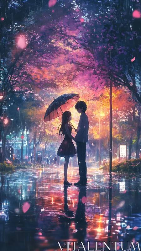 Rain-soaked twilight romance under luminous cherry blossoms.