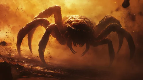 Colossal lava spider advances through a blazing dust storm.