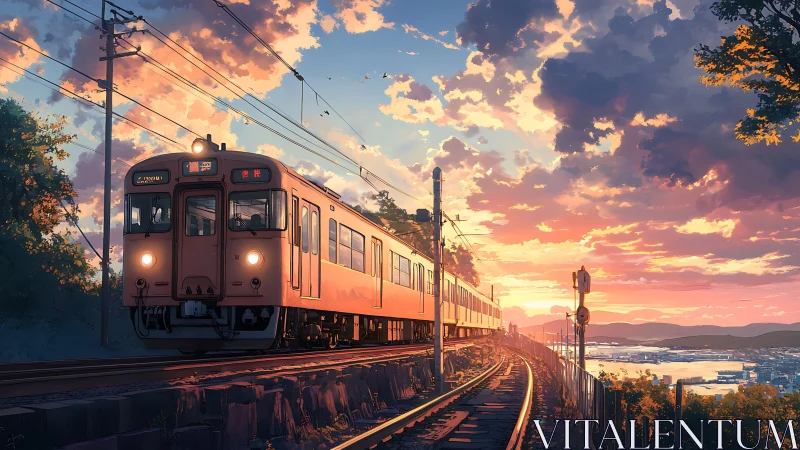 Orange commuter train on coastal railway at vivid sunset.