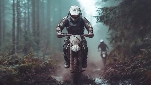 Off road motorcyclists riding through dense misty forest.