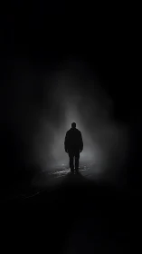 Backlit human silhouette in volumetric night fog field.