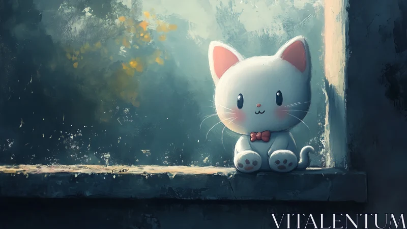 Cute white cartoon cat toy sitting on a moody window sill.