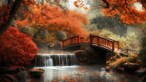 Crimson bridge over whispering falls in misty autumn garden.