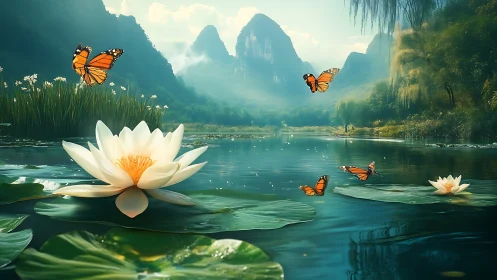 Water lily on calm lake with butterflies and misty mountains