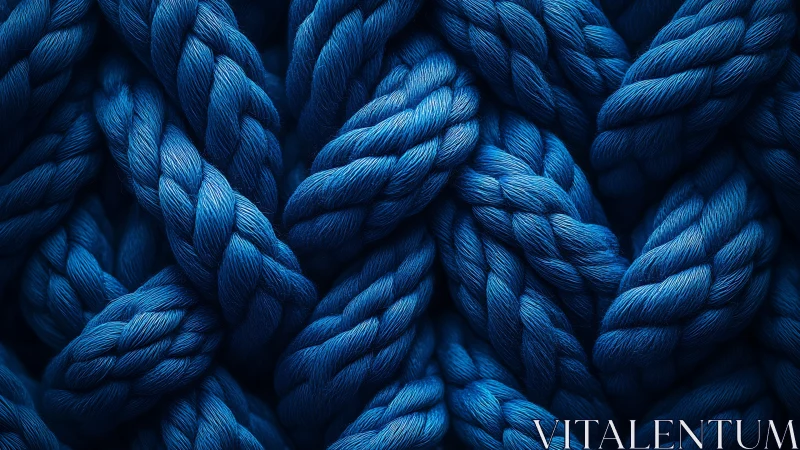 Macro study of intertwined blue synthetic braided rope fibers
