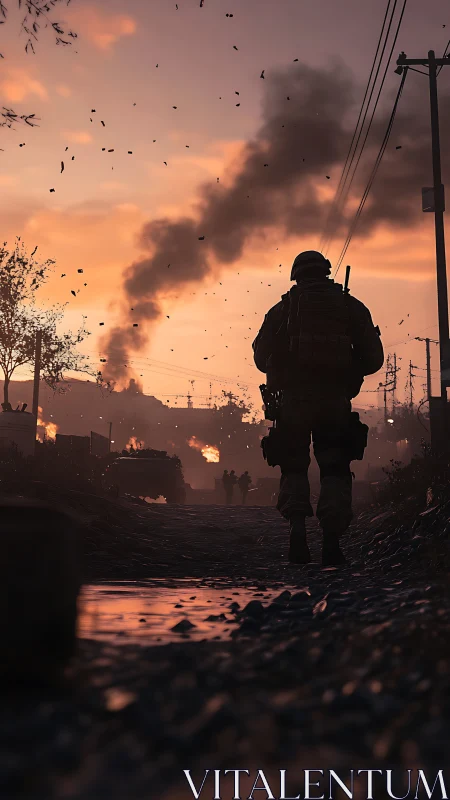 Lone soldier walking through a burning dusk battlefield.