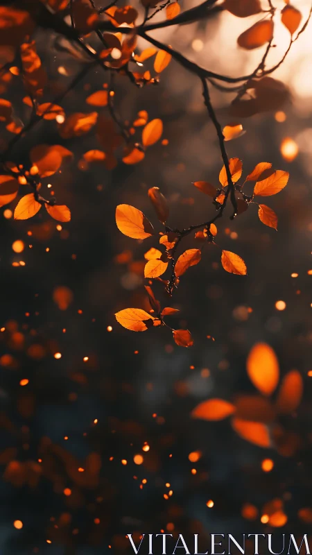 Autumn leaves in warm bokeh light with shallow depth of field.