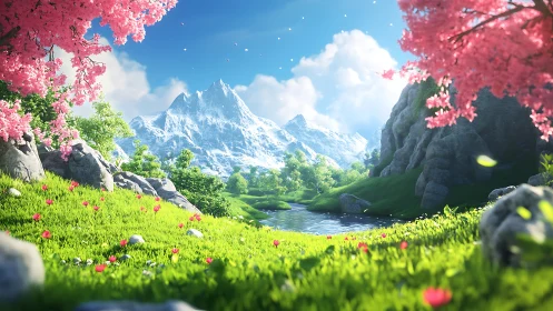 Idyllic alpine valley with cherry blossom and river vista.