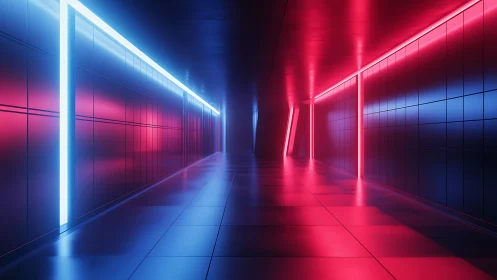 Neon lit sci fi corridor glowing with soft blue and pink light.