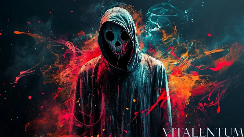 Hooded grim figure amid explosive neon firestorm colors.