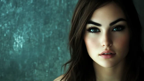 Close portrait of young woman before textured teal wall.