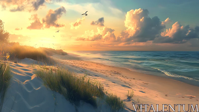 Sunlit coastal dunes border calm sea under glowing clouds