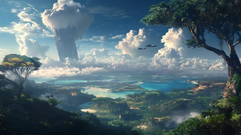 Floating Islands and Towering Clouds: A Fantastical Aerial World.