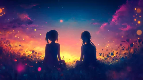 Starlit friends trading secrets in a neon dusk meadow.