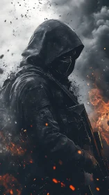 Hooded ember sentinel stalks through smoky war-torn dusk.