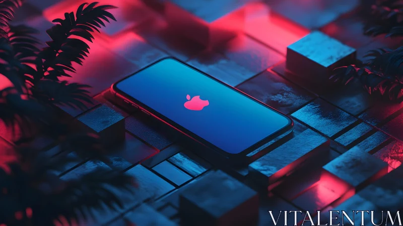 Futuristic iPhone with Glowing Apple Logo in Neon Lighting Scene. Futuristic iPhone with Glowing Apple Logo in Neon Lighting Scene.