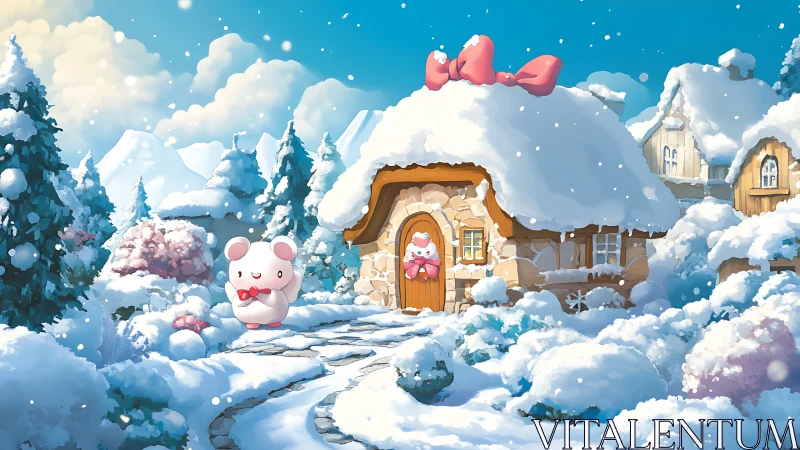 Snow-covered cottage and character in stylized winter landscape