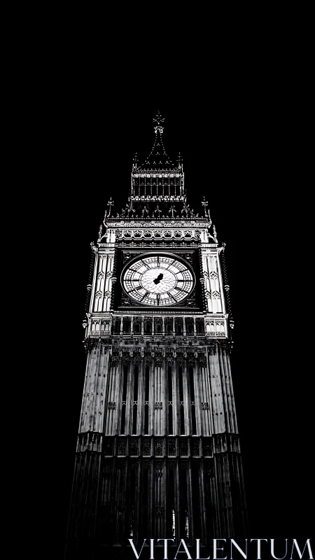 Monochrome clock tower rises starkly against midnight sky