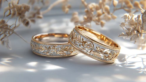 Ornate gold wedding bands with floral filigree and diamonds.