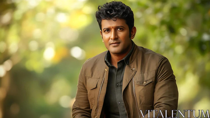 Portrait of a seated man outdoors in soft green bokeh.