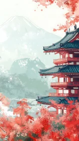 Tiered pagoda amid red foliage and distant mountain range.