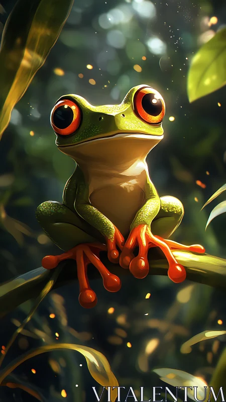 Digital render depicts stylized tree frog on jungle branch