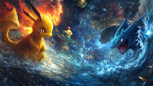 Elemental creatures clash in a dazzling oceanic inferno.