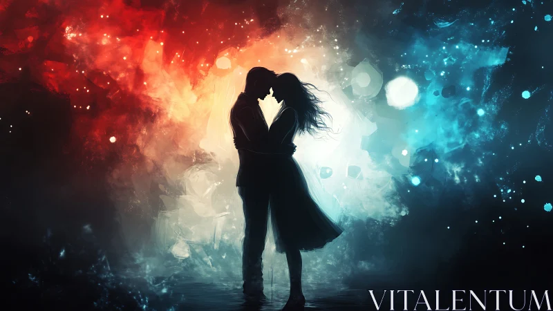 Silhouetted Couple Embracing Within Dramatic Luminous Field Composition