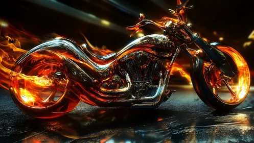 Chrome inferno motorcycle races through molten city streets.