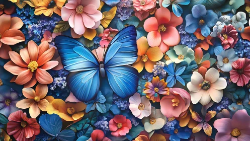 Blue butterfly centered among multicolored floral collage.